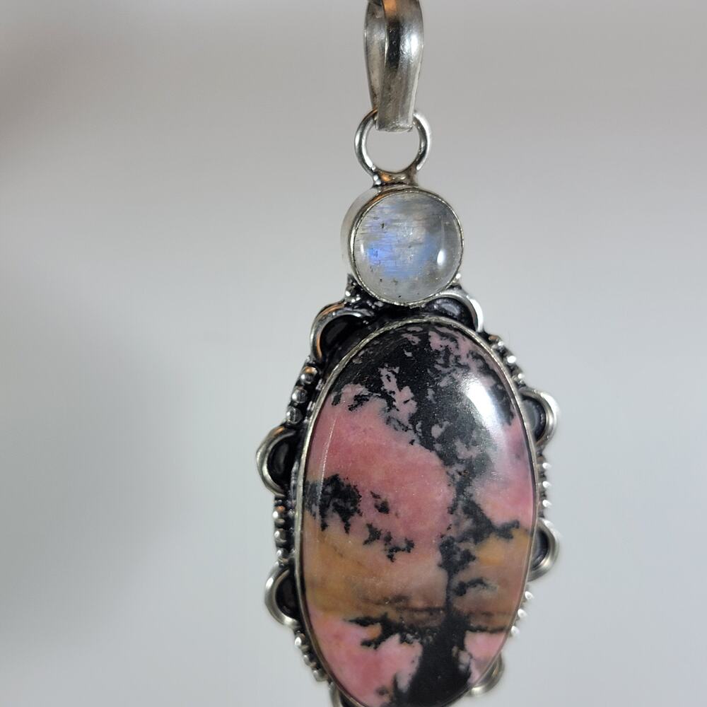 Rhodonite Pendant Necklace – With Rainbow Moonstone + 20" Silver Chain